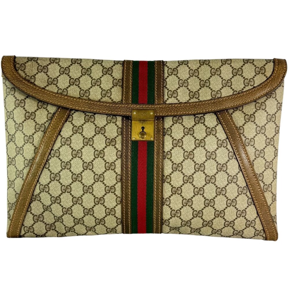 80s GUCCI Brown Supreme Canvas Monogram Web Document Portfolio Bag Made in Italy